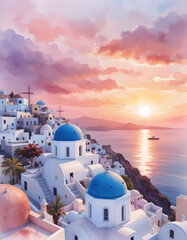 Watercolor Dreamscape – Santorini at Sunset
