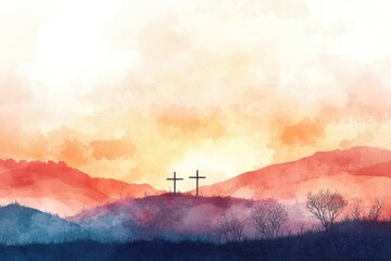 Obraz premium Three crosses on Calvary hill - watercolor vector illustration sunrise, Christian Easter background, resurrection concept art for greeting cards