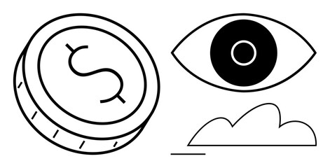 Coin and dollar sign representing wealth, eye symbolizing attention, cloud for abstraction. Ideal for finance, investment, analysis, vision, economy clarity online platforms. Flat simple metaphor