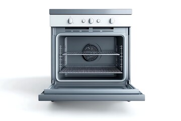 Open oven interior shot, showing racks, used for cooking food at home, against white background