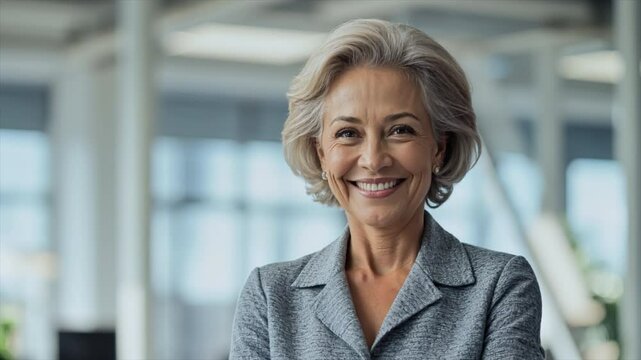 A confident old woman smiling with crossed arms in a professional office environment, success and institutionalization. 