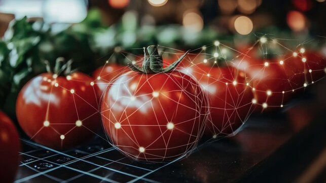 Tomato Network: A macro view of fresh, vibrant tomatoes with a network overlay, blending natural elements with technology in a visually striking composition.