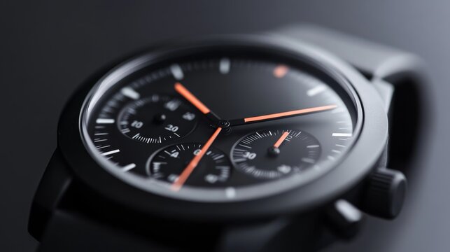 Black chronograph watch with orange accents on a dark background showcasing elegant design and precision craftsmanship