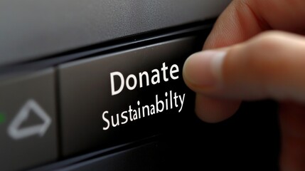 Button for Sustainability: A close-up shot of a hand pressing a button labeled "Donate Sustainability," representing a call to action for environmental responsibility and charitable giving. 