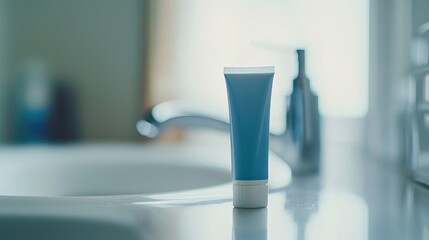 A blue tube of skincare product on a bathroom countertop