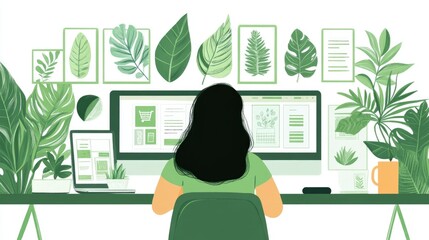 Fototapeta premium Harmony in Work and Nature: A serene individual finds peace amidst nature's beauty in an idyllic office, surrounded by lush green plants and digital workspaces.