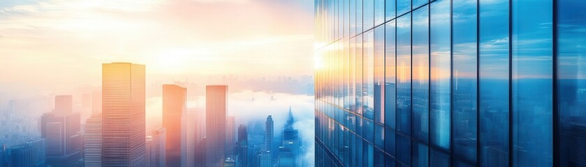 Smoky reflections on glass skyscraper windows, capturing dynamic light and motion