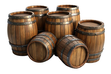 Fototapeta premium set of wooden oak barrels isolated on white background, PNG.