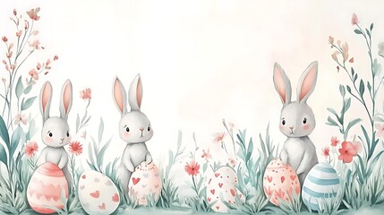 Obraz premium Easter bunnies eggs in garden.