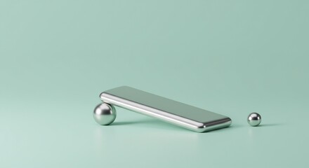 銀色金属幾何学、柔らかな緑背景、シンプル構成