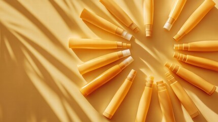 White tubes of sunscreen and Sun shape from white Sun cream on color background,Sunblock lotion bottles,Sun protection on vacation,Top view,Banner vacation summer beach concept,space for text.