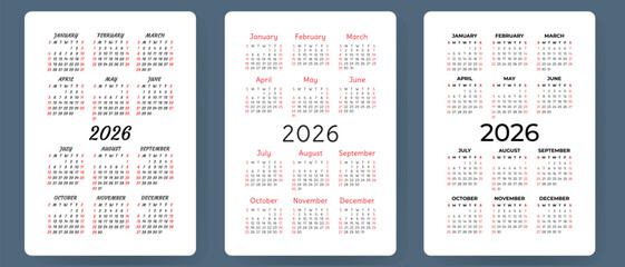 Calendar 2026 vector set. Pocket calender collection. Week starts on Sunday. Basic grid template for print