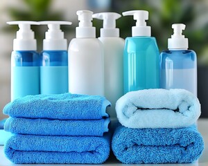 Bath products and fluffy towels arranged on a clean white surface