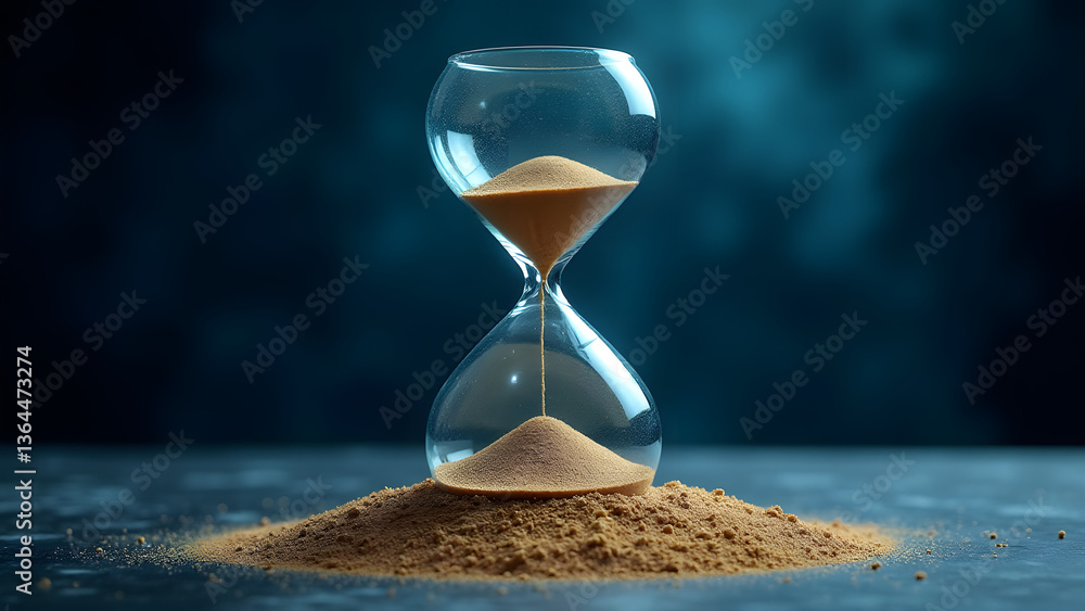 Poster omniscient hourglass where sands carry the universe's knowledge within a sapphire prism frame that d