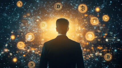 Fototapeta premium Digital banking account accessibility. Businessman Contemplating Glowing Cryptocurrency Network