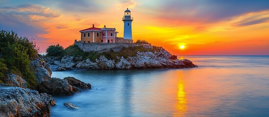 A picturesque lighthouse is overlooking the ocean at colorful sunset