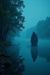 Fototapeta premium Eerie mist shrouding a ghostly figure in a lake dwelling at night, eerie, spooky