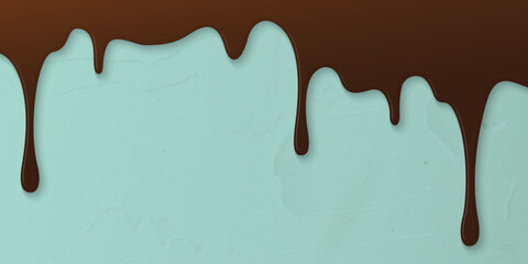 Melted chocolate flows onto green mint cream cake surface horizontal background graphic illustration have blank space.