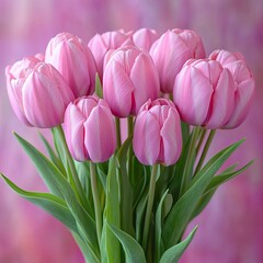 Fototapeta premium A bouquet of pale pink tulips with green leaves against a blurred pink background