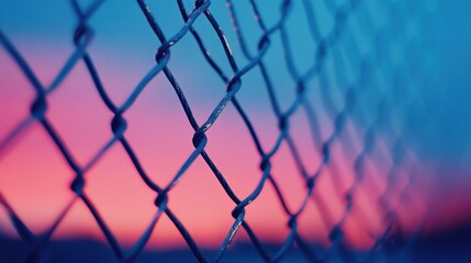 Chain-Link Fence Silhouette Against a Vibrant Sunset and Blue Sky Backdrop