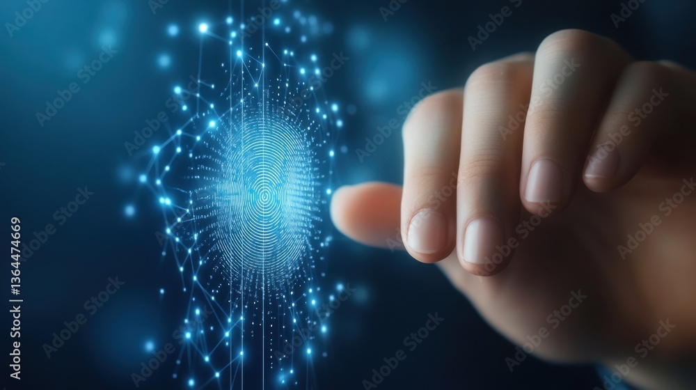 Poster digital banking account accessibility. hand interacting with a digital fingerprint network