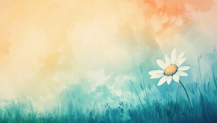 Obraz premium Watercolor Background with Daisy on a Green Meadow, Gradient Sky in White, Blue, and Orange, Floral Nature Scene with Copy Space