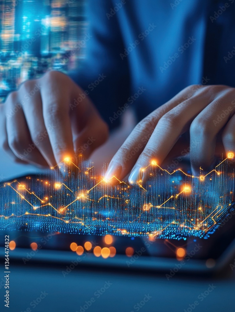 Poster digital banking account accessibility. hands interacting with glowing data visualization on tablet s