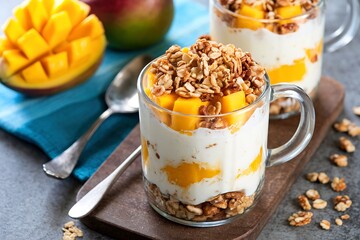 Mango yogurt parfait with granola on top in glass mugs