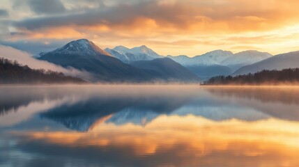Fototapeta premium A serene sunrise over a calm lake, reflecting the golden-orange hues of a mountain range with snow-capped peaks