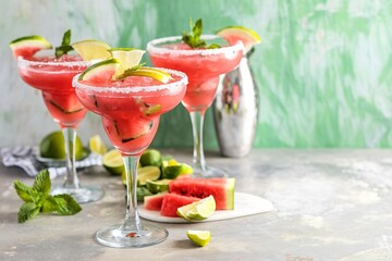 Refreshing summer watermelon margaritas with lime and mint