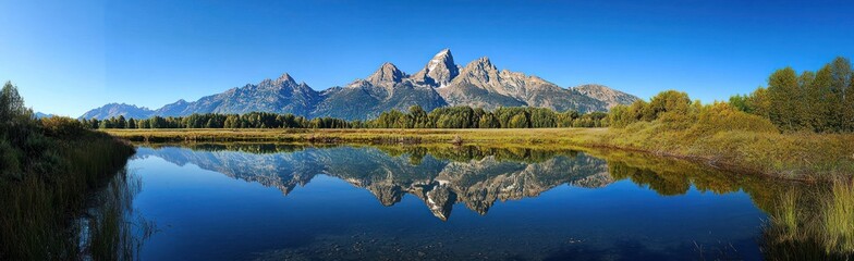 Fototapeta premium Grand Teton Reflections: A Breathtaking Panorama of Mountain and Lake Serenity