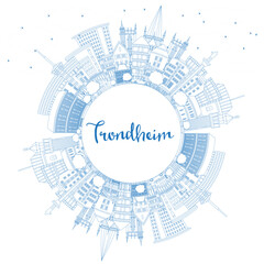 Outline Trondheim Norway City Skyline with Blue Buildings and copy space. Trondheim Cityscape with Landmarks. Business Travel and Tourism Concept with Historic Architecture.