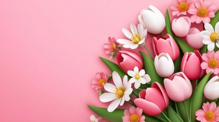 Obraz premium Colorful Spring Flower Arrangement on Soft Pink Background Featuring Tulips, Daisies, and Decorative Leaves