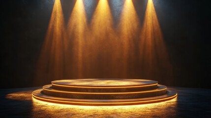 Luxurious podium stage with velvet covering, close-up view, illuminated by golden spotlights 
