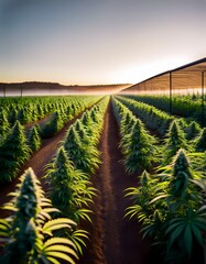 Fototapeta premium A vast cannabis farm with rows of lush, vibrant green cannabis plants stretching into the distance under the warm glow of the sun. 