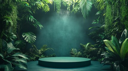 Matte green podium surrounded by foliage, illuminated by natural lighting effects