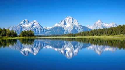 Naklejka premium Majestic Teton Range Reflected in Still Waters Under a Clear Blue Sky