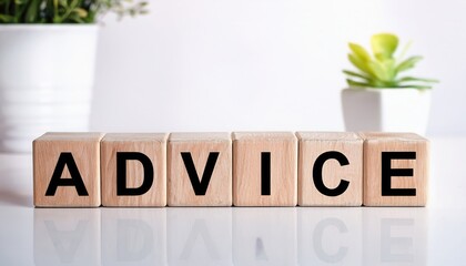 Wooden blocks spelling the word 'ADVICE' with a succulent plant in the background, symbolizing guidance and growth.