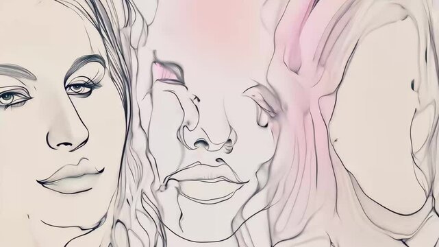 A modern abstract line art illustration featuring multiple overlapping female faces with delicate, flowing contours. The minimalist design conveys beauty, emotion, and surrealism 