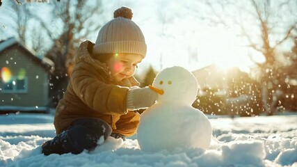 A young child dressed in a warm winter coat and knitted hat joyfully builds a small snowman in the soft glow of the setting sun. The golden light and falling snowflakes create a magical  - Powered by Adobe