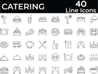 Catering Thin Line Icon Set Including Fork, Spoon, Knife, Plate, Cloche, Tray, Chef Hat, Beverage, Food, Dining Table. Cutlery Or Tableware In Restaurant Kitchen