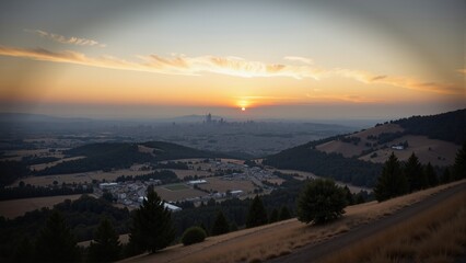 Naklejka premium Historic Valley Dawn in Israel Jerusalem shows stunning city skyline view from hill, peaceful landscape at sunset. Concept of Historic Valley Dawn in Israel Jerusalem evokes serenity and beauty.