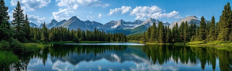 Scenic Lake Reflection of Mountains and Evergreen Forest Landscape