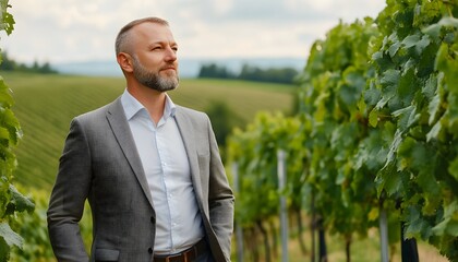 Confident Man in Business Attire Strolling Through Vineyard Landscape