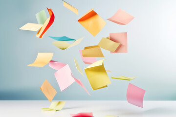 Abstract Notes in Freefall: Floating, colorful sticky notes cascade against a soft-toned backdrop, a visual metaphor for ideas and creative inspiration, conveying movement and chaos.