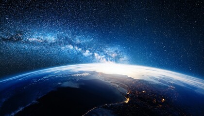 Fototapeta premium A stunning view of Earth from space, showcasing the planet's curvature, atmospheric glow, and a backdrop of countless stars in the universe.
