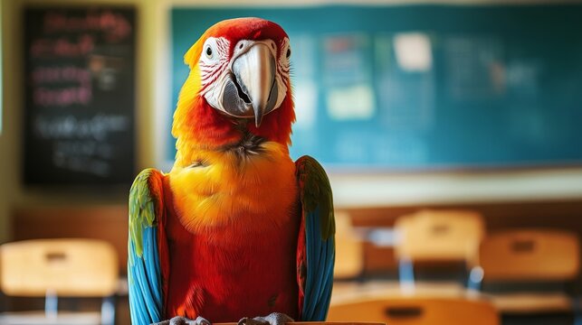 Colorful Parrot in Classroom Setting with Teacher's Supplies Displayed