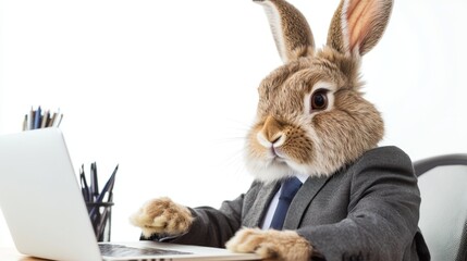 Rabbit in Office Suit Working at Desk with Laptop Computer