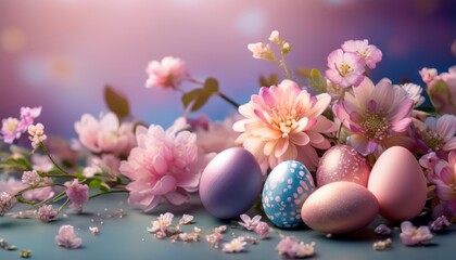 Fototapeta premium A vibrant arrangement of colorful Easter eggs surrounded by blooming flowers, creating a festive and cheerful spring atmosphere.