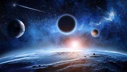 Fototapeta premium A stunning cosmic scene showcasing planets, a starry sky, and Earth's atmosphere, evoking a sense of wonder about the universe.